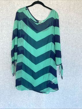 Roxy Teal Chevron Sheer Tunic Blouse Large L Boho Beach Cover Up Tie Sleeve